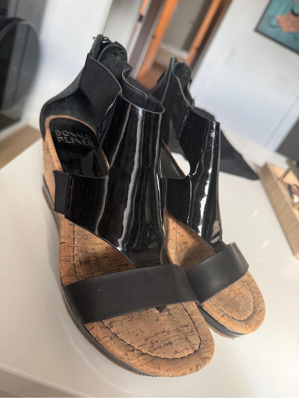 Donald J. Pliner Black Patent Cork Wedge Sandals